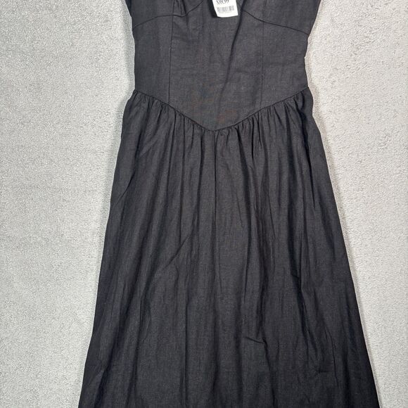 NWT House Of Harlow Sz S Black Midi Dress Linen Blend Sweetheart Bustier Bodice - Picture 3 of 16